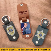 Personalized Upload Your Photo Police Officer Flag Custom Name & Time Leather Keychain Printed