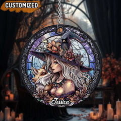 Caution, The Witch And Her Crazy Fox Crossing Personalized Name Halloween Suncatcher Ornament