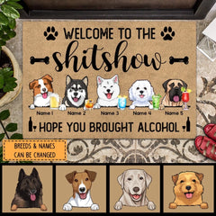 WelcomeToTheShitshowHopeYouBroughtAlcohol-Brown-PersonalizedDogDoormat_700x