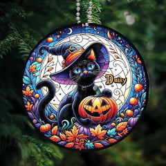 Personalized Black Cat Halloween Ornament - Black Cat with Witch Hat and Pumpkin Design