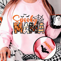 Personalized Spooky Mama Grandma Pumpkin Bat Design Crewneck Sweatshirt with 1-8 Names Halloween Costume Gift for Women