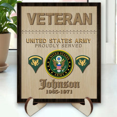 Customized US Veteran Proudly Served – 2 Layered Wooden Plaque With Stand