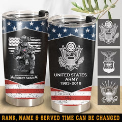 Personalized United States Army Veteran US Flag Custom Name, Rank & Time Tumbler Printed