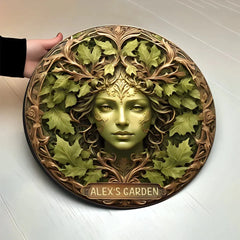 Green Lady Gardening Round Wooden Door Sign