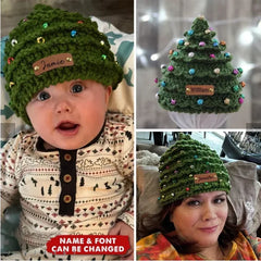 Personalized Name Crochet Christmas Tree Hat - Baby First Christmas Gift - Knit Baby Beanie Hat