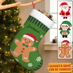 Personalised Cute Elf Gingerbread Santa Christmas Stocking with Name Christmas Tree Decoration Gift for Kids Friends